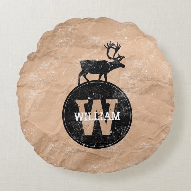 Deer Monogram Distressed Rustic Brown Kraft Paper Round Pillow (Front)