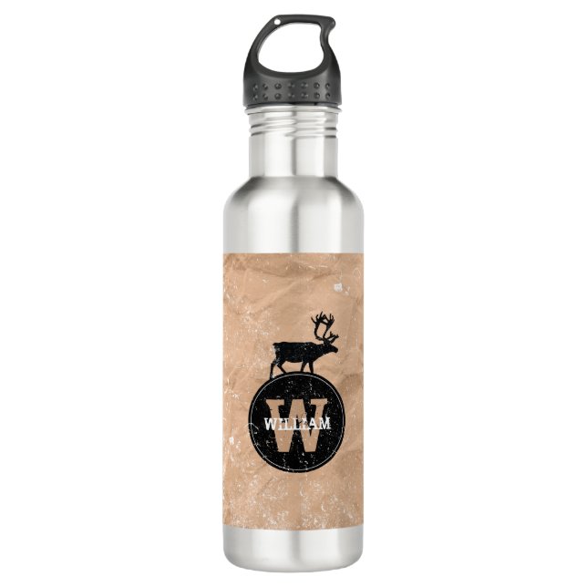 Deer Monogram Distressed Rustic Brown Kraft Paper  Stainless Steel Water Bottle (Front)
