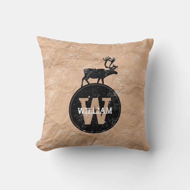 Deer Monogram Distressed Rustic Brown Kraft Paper  Throw Pillow (Front)