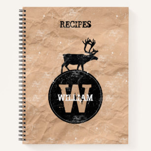 Deer Monogram Distressed Rustic Brown Kraft Recipe Notebook