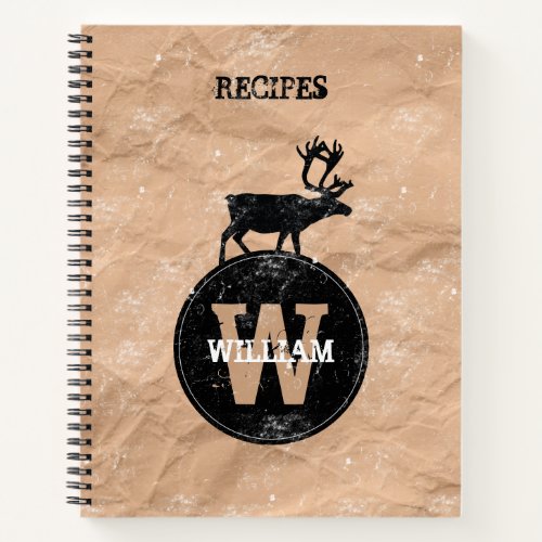 Deer Monogram Distressed Rustic Brown Kraft Recipe Notebook