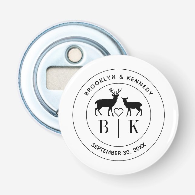 Deer Monogram Rustic Country Wedding Couple Name Bottle Opener (Front)