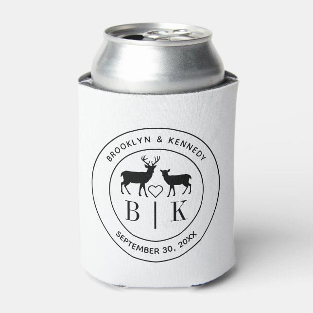Deer Monogram Rustic Country Wedding Couple Name Can Cooler (Can Front)