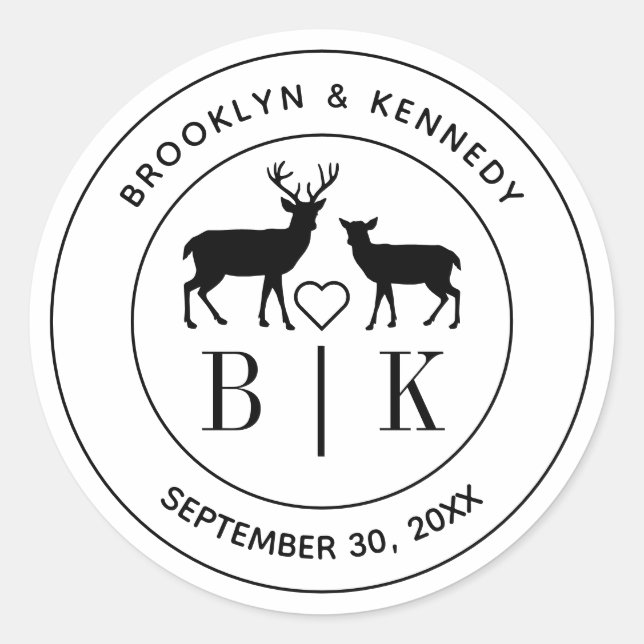 Deer Monogram Rustic Country Wedding Couple Name Classic Round Sticker (Front)