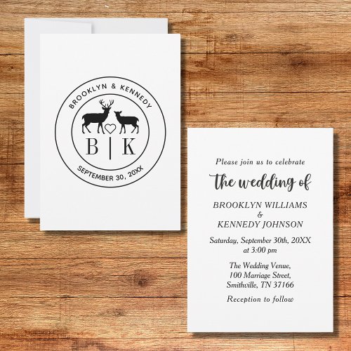 Deer Monogram Rustic Country Wedding Couple Name Invitation