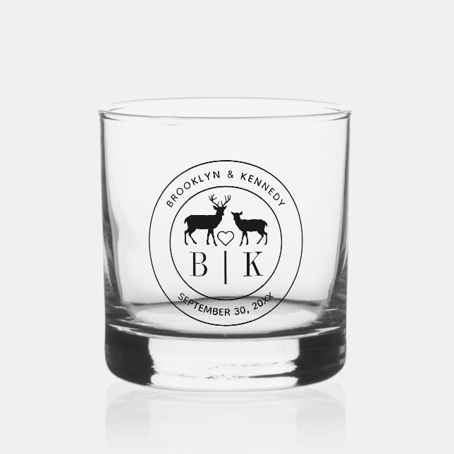 Deer Monogram Rustic Country Wedding Couple Name Whiskey Glass (Front)
