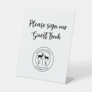 Deer Monogram Rustic Country Wedding Guest Book Pedestal Sign