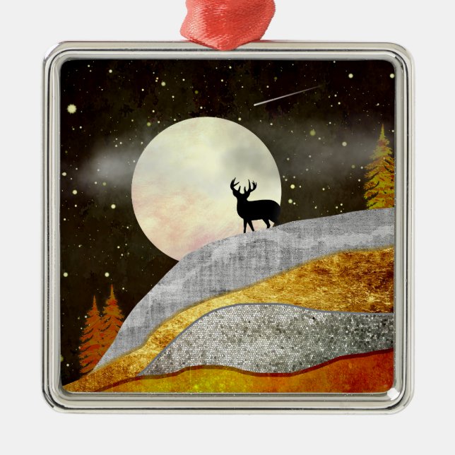 Deer Moon Landscape Metal Ornament (Front)