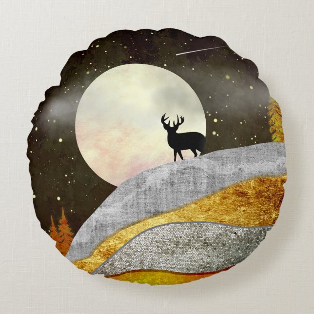 Deer Moon Landscape Round Pillow (Front)