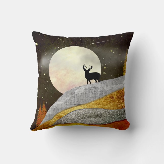 Deer Moon Landscape Throw Pillow (Back)