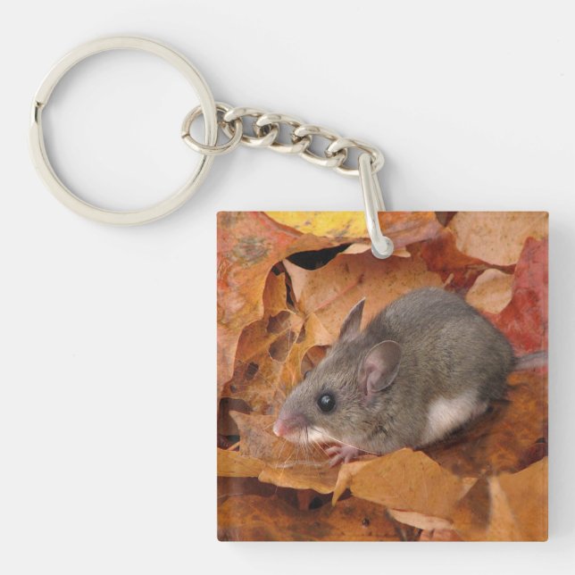 Deer Mouse in Autumn Leaves Acrylic Keychain (Front)