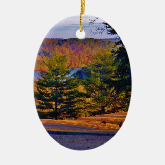 Deer & Mt. Lake Ceramic Ornament (Front)