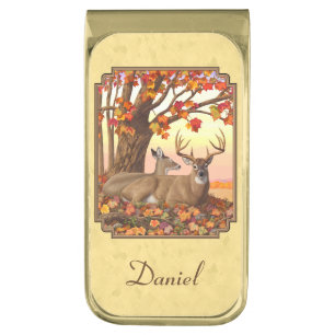 Deer New England Maple Tree Autumn Yellow Gold Finish Money Clip
