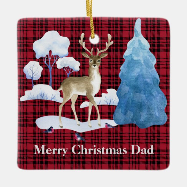 Deer on a Red Plaid Background Ceramic Ornament (Front)