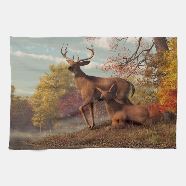 Deer on an Autumn Lakeshore Kitchen Towel (Horizontal)