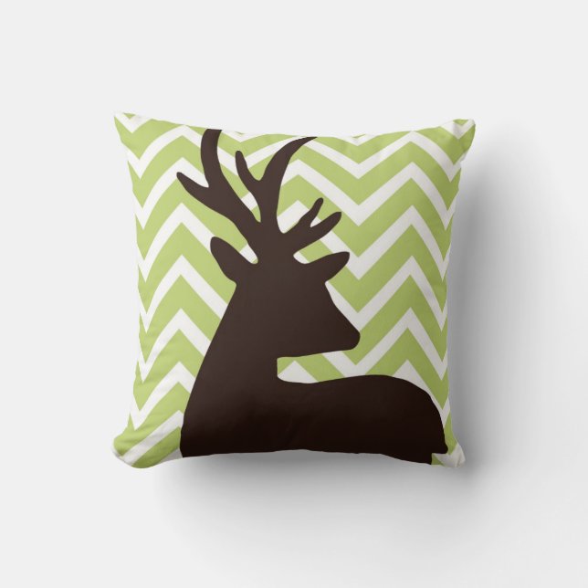 Deer on Chevron Zigzag - Green and White Throw Pillow (Front)