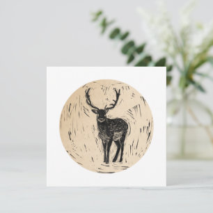 Deer on Circle Printmaking Lino-cut Art Blank Note Card