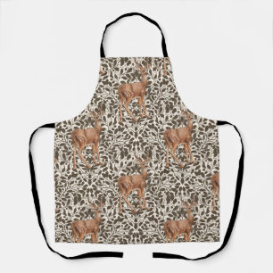 Deer on decorative oak damask pattern in brown and apron
