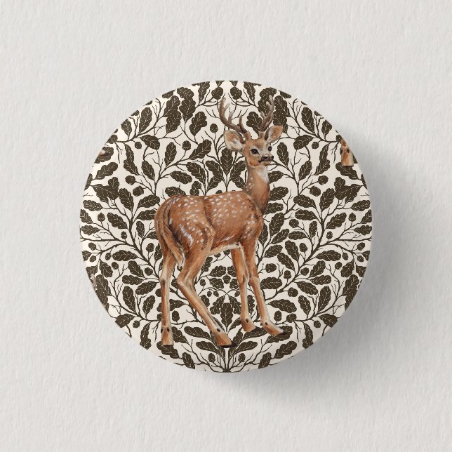 Deer on decorative oak damask pattern in brown and button (Front)
