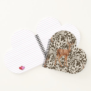 Deer on decorative oak damask pattern in brown and notebook