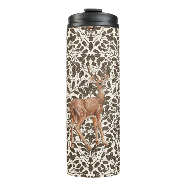Deer on decorative oak damask pattern in brown and thermal tumbler (Front)