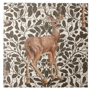 Deer on decorative oak damask pattern in brown ceramic tile