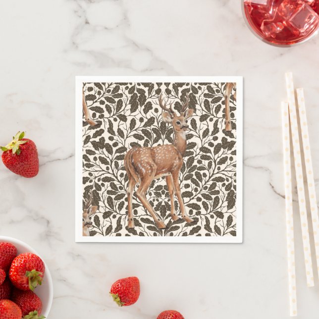 Deer on decorative oak damask pattern in brown  napkins (Insitu)