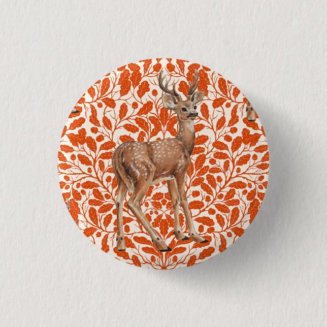 Deer on decorative oak damask pattern in dark oran button (Front)