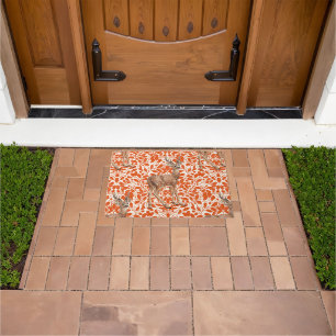 Deer on decorative oak damask pattern in dark oran doormat