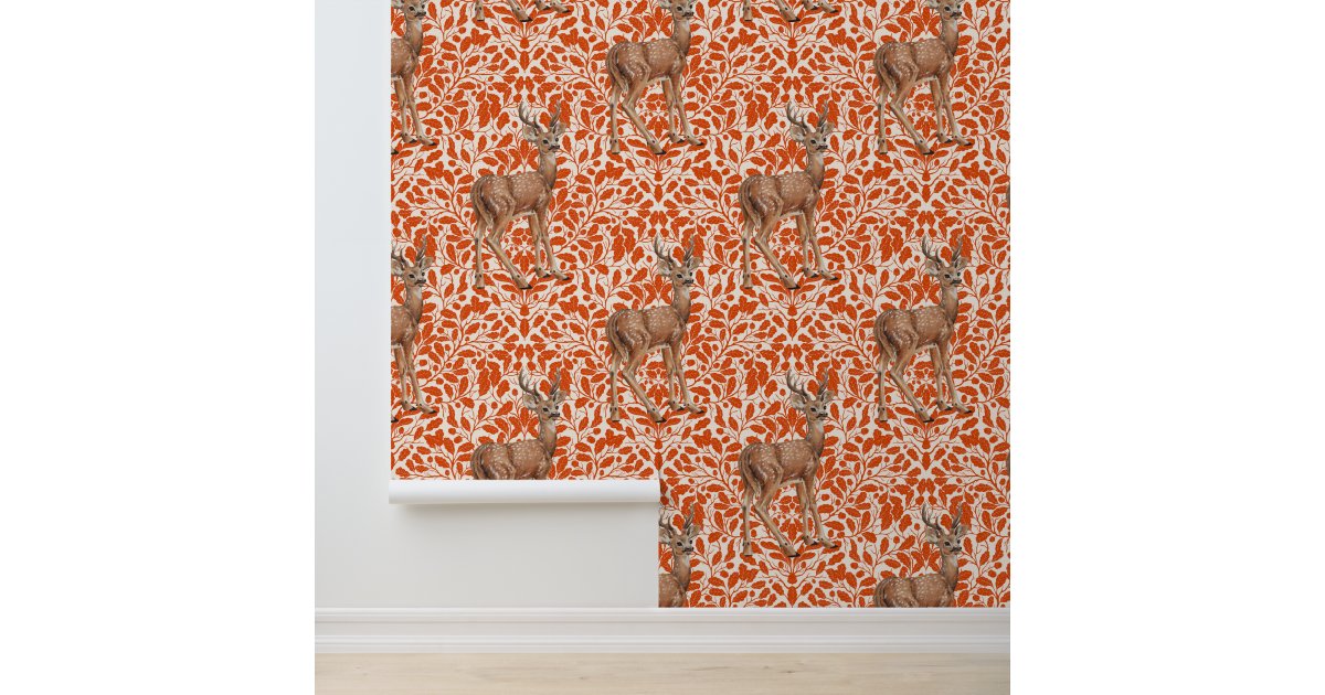 Deer on decorative oak damask pattern in dark oran wallpaper | Zazzle