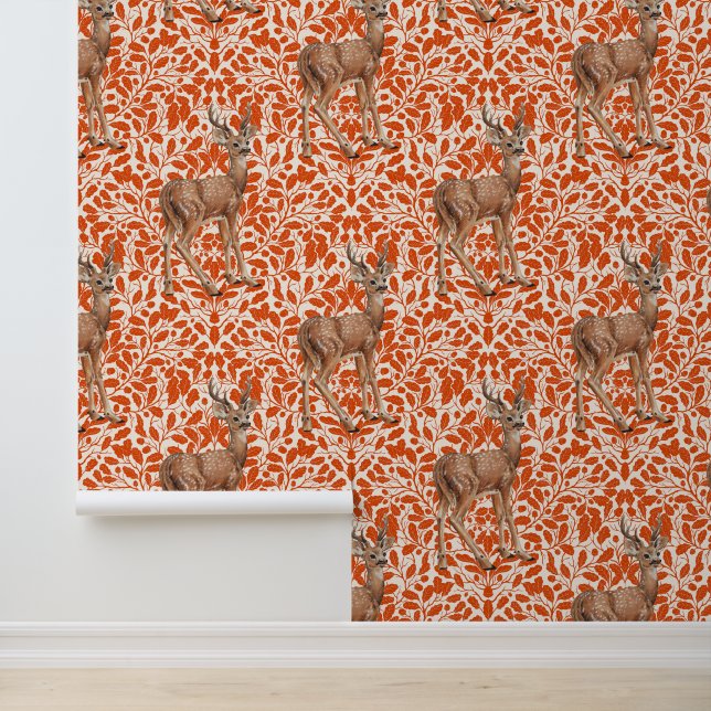 Deer on decorative oak damask pattern in dark oran wallpaper  (Application)