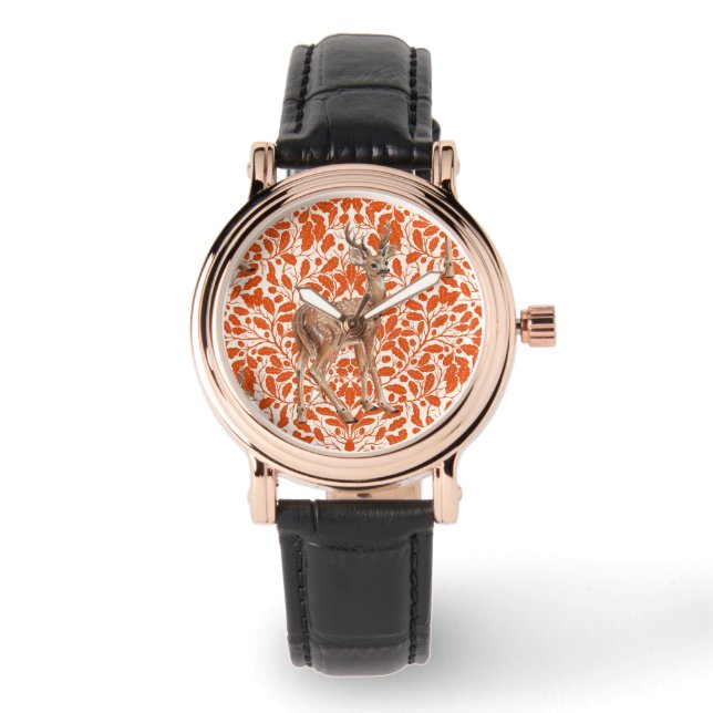 Deer on decorative oak damask pattern in dark oran watch (Front)