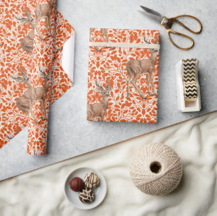 Deer on decorative oak damask pattern in dark oran wrapping paper