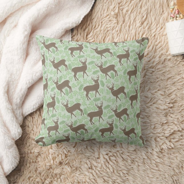 Deer on Green Nature Pattern Throw Pillow (Blanket)