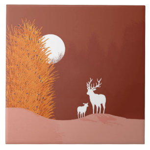 Deer on Moon Lit Hill Ceramic Tile