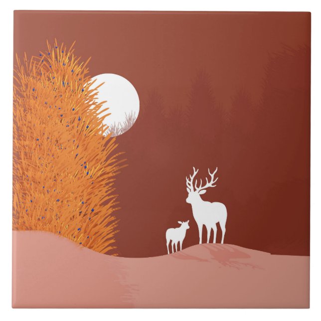 Deer on Moon Lit Hill  Ceramic Tile (Front)