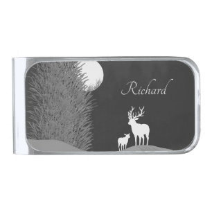 Deer on Moon Lit Hill Personal Silver Finish Money Clip