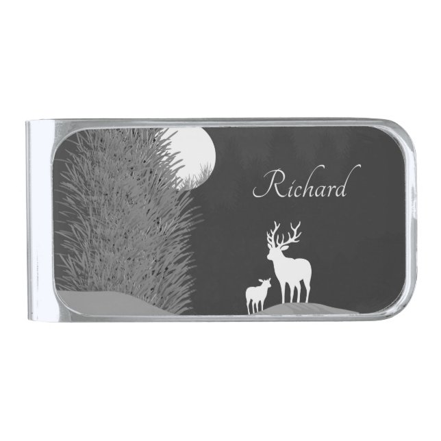 Deer on Moon Lit Hill Personal Silver Finish Money Clip (Front)