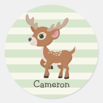 Deer On Pastel Green Stripes Classic Round Sticker by Birthday_Party_House at Zazzle