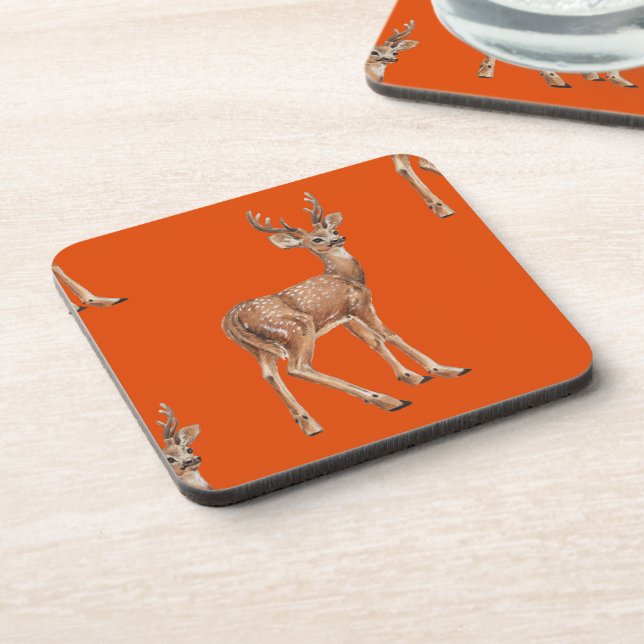 Deer on red beverage coaster (Left Side)