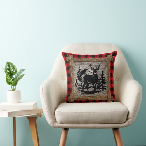 Deer On Red Black Buffalo Check Plaid Pattern Throw Pillow