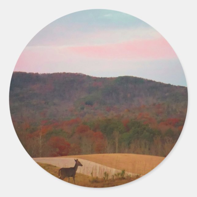 Deer on sunset golf course classic round sticker (Front)