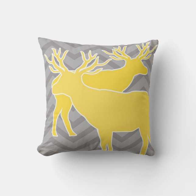 Deer on zigzag chevron - Yellow and Grey Throw Pillow (Front)