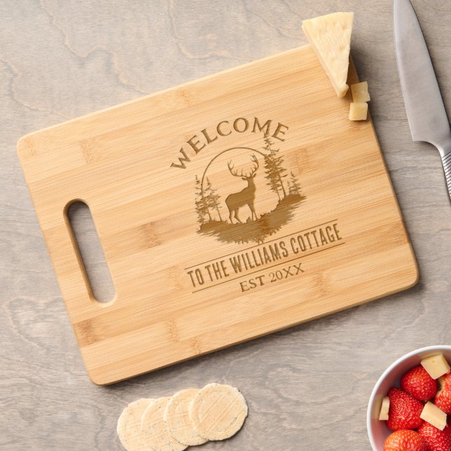 Deer Outdoors Camp Personalized Family Cabin Name Engraved Cutting Board (Cheese)