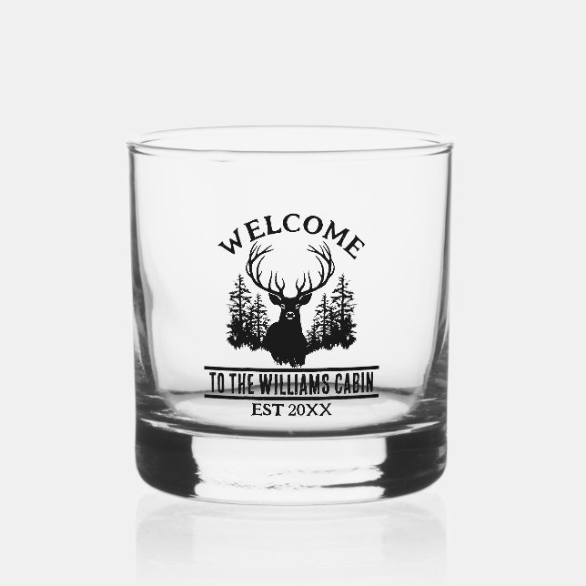 Deer Outdoors Camp Personalized Family Cabin Name Whiskey Glass (Front)