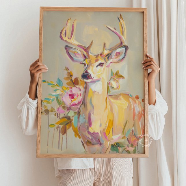 Deer Painting Floral Pastel Wall Print (Modern Abstract Deer Painting Floral pastel Print)