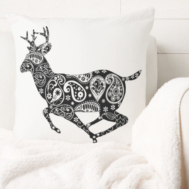 Deer paisley boho whimsical black and white throw pillow (Creator Uploaded)