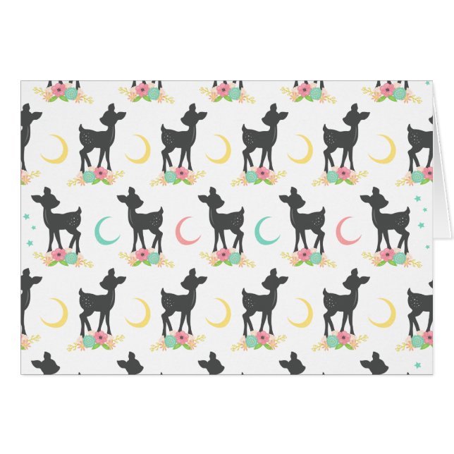 Deer Pattern, Baby Deer, Boho, Flowers, Moon Cards (Front Horizontal)