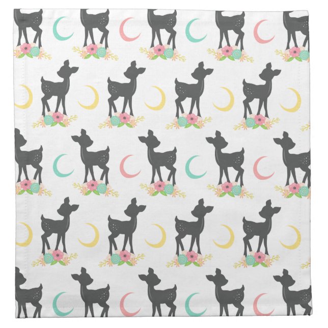 Deer Pattern, Baby Deer, Boho, Flowers, Moon Cloth Napkin (Front)