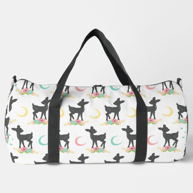 Deer Pattern, Baby Deer, Boho, Flowers, Moon Duffle Bag (Front)